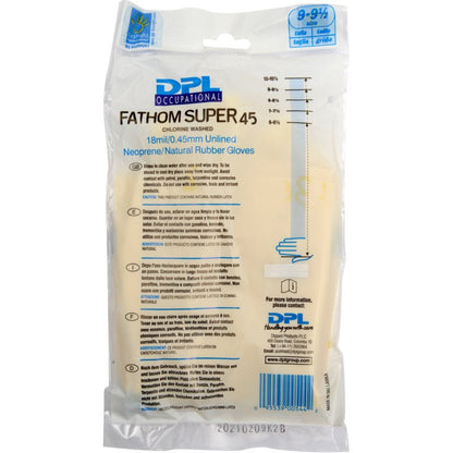 Un paquet scellé de gants de ménage en latex jaune, néoprène de Abena Re-Seller GmbH, taille 9-9,5, avec des informations sur le produit, des instructions d'utilisation et des informations sur l'entreprise à l'avant.