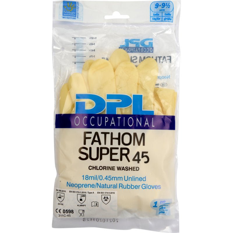 Un emballage en plastique transparent contient des gants de ménage en latex jaune, néoprène de Abena Re-Seller GmbH. L'emballage montre les détails du produit, la taille 9-9,5 et les certifications.