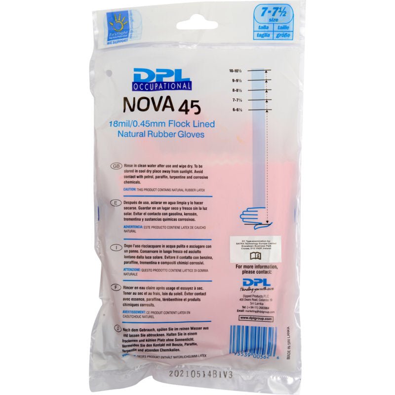 Un emballage en plastique transparent avec l'inscription "Gants de ménage Latex, Jaune, Néoprène" de Abena Re-Seller GmbH contient des gants en caoutchouc naturel. La taille, l'épaisseur, les caractéristiques, les instructions d'utilisation et un code-barres sont indiqués en bas à droite de l'emballage.