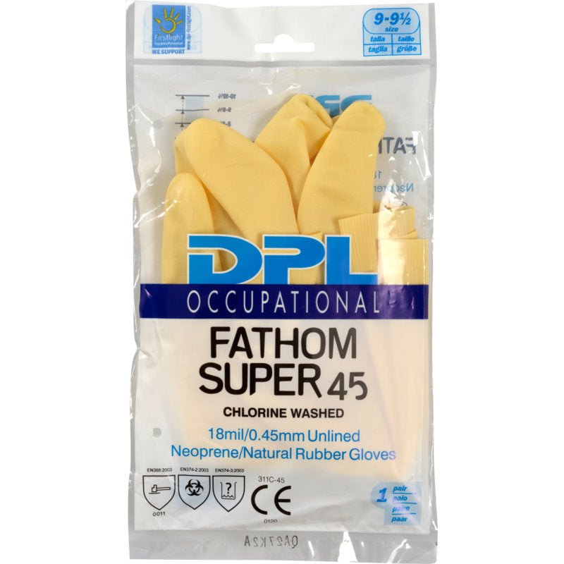 Un paquet scellé de gants de ménage "Latex, Jaune, Néoprène" de Abena Re-Seller GmbH, étiqueté comme gants de nettoyage en néoprène/caoutchouc naturel non doublés, lavés au chlore, 18 mil/0,45 mm.