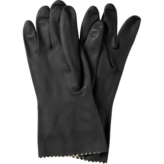 Ein Paar Abena Re-Seller GmbH Haushaltshandschuhe Latex, Schwarz mit strukturierten Fingerspitzen und Handflächen und geschwungenen Stulpen liegt flach auf einem weißen Hintergrund.