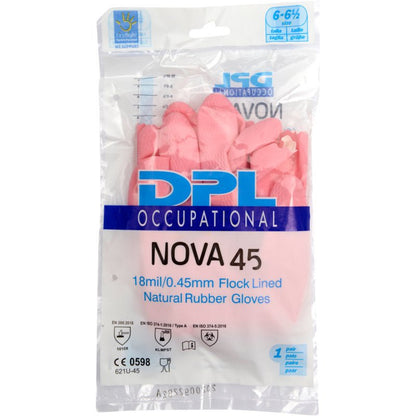 Un emballage en plastique transparent contient des gants de ménage en latex roses de Abena Re-Seller GmbH, avec des symboles de certification et la taille 6-6½.