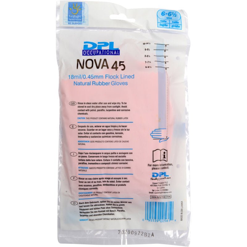 Un emballage en plastique transparent contient des gants de ménage en latex de Abena Re-Seller GmbH, roses, taille 6-6½. Les détails du produit, les instructions d'utilisation et les consignes de sécurité sont indiqués sur l'emballage en bleu et noir.