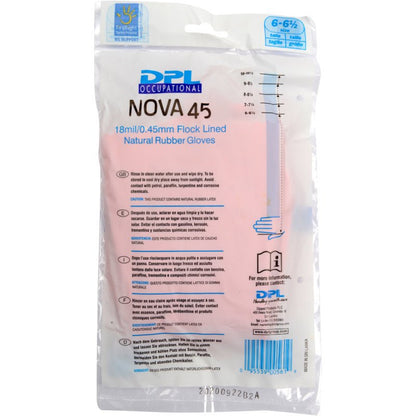 Un emballage en plastique transparent contient des gants de ménage en latex de Abena Re-Seller GmbH, roses, taille 6-6½. Les détails du produit, les instructions d'utilisation et les consignes de sécurité sont indiqués sur l'emballage en bleu et noir.