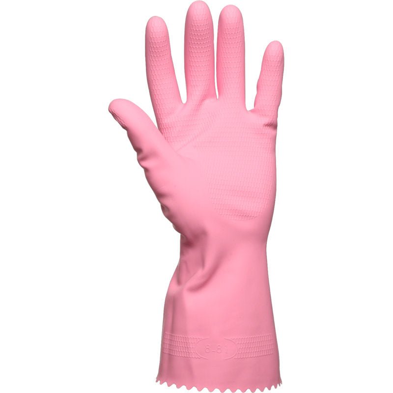 Un seul gant de ménage en latex rose de Abena Re-Seller GmbH est représenté debout avec la paume vers l'avant. Il a une surface texturée sur les doigts et la paume et un poignet nervuré.