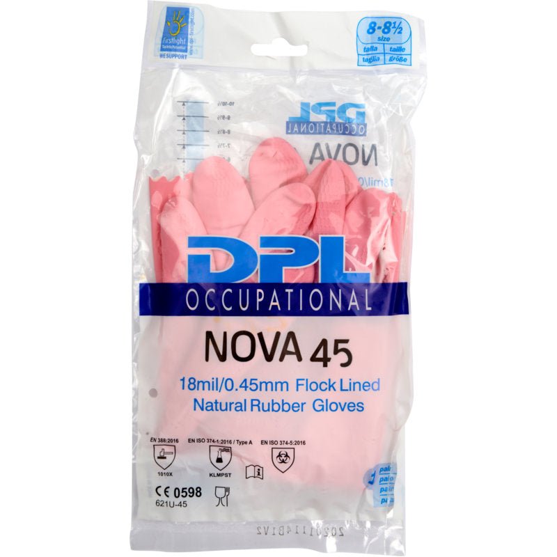 Un emballage en plastique transparent avec des gants de ménage en latex roses de Abena Re-Seller GmbH, étiqueté avec 18mil/0,45mm doublure en flocage, avec un branding bleu-blanc et des symboles de certification sur le devant.