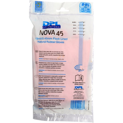 Un emballage en plastique transparent avec l'inscription "Gants de ménage en latex, rose" de Abena Re-Seller GmbH contient des gants en latex roses avec doublure en flocage. Les détails du produit, les tailles et le branding sont visibles sur le devant de l'emballage.