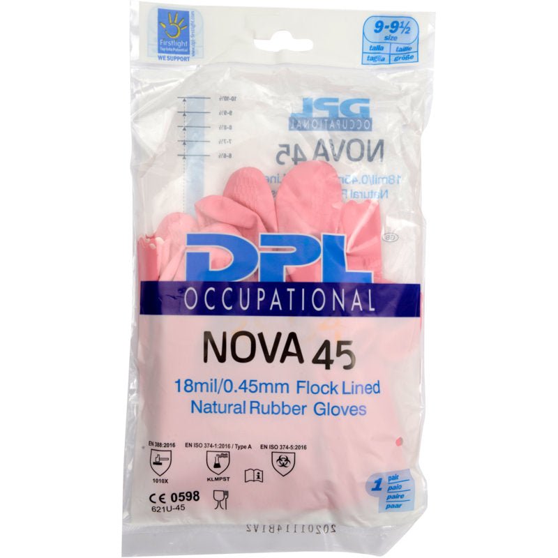 Un emballage en plastique transparent contient des gants de ménage en latex roses de Abena Re-Seller GmbH, floqués avec 18mil/0,45mm, avec divers symboles de certification sur le devant.