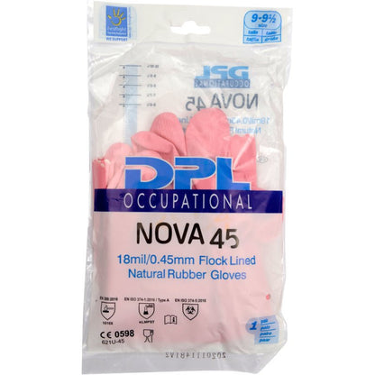 Un emballage en plastique transparent contient des gants de ménage en latex roses de Abena Re-Seller GmbH, floqués avec 18mil/0,45mm, avec divers symboles de certification sur le devant.