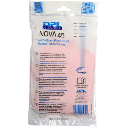 Un emballage en plastique transparent contient des gants de ménage en latex roses de Abena Re-Seller GmbH. La taille, l'épaisseur de 18mil/0,45mm, la doublure en flocage, les instructions d'utilisation et d'entretien sont indiquées sur l'emballage. Les gants roses sont visibles à l'intérieur.