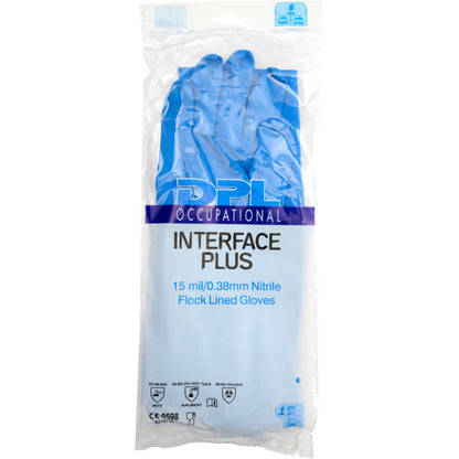 Eine durchsichtige Kunststoffverpackung enthält ein Paar blaue Haushaltshandschuhe Nitril der Abena Re-Seller GmbH mit der Aufschrift "Nitril, Blau". An der Unterseite der Verpackung befinden sich Zertifizierungssymbole.