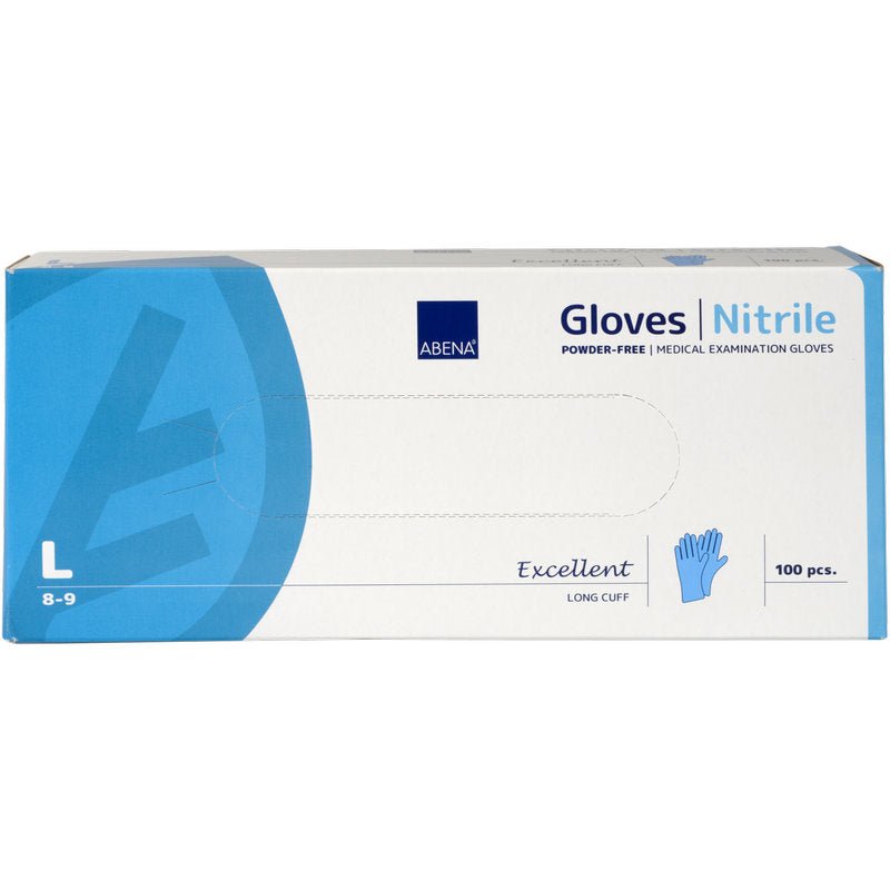 Une boîte de gants en nitrile Abena Re-Seller GmbH Excellent, taille Large, sans poudre et longs, bleus. Contient 100 gants médicaux dans un emballage principalement blanc et bleu avec des accents et du texte.