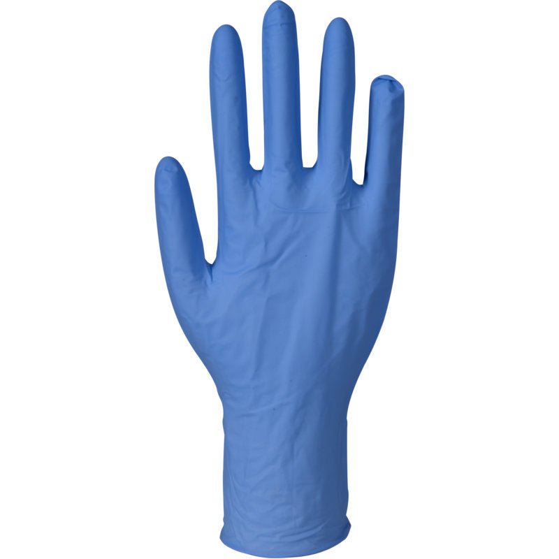 Un gant en nitrile bleu Excellent, sans poudre, long d'Abena Re-Seller GmbH est debout avec les doigts tendus et la paume tournée vers l'avant sur un fond blanc simple.