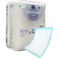 L'image montre un paquet de 60 protections jetables Abri-Soft Classic (40x60 cm, bleu) de Abena Re-Seller GmbH avec une protection en dehors de l'emballage avec un noyau absorbant blanc et un bord bleu.