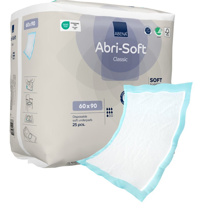 Un paquet de l'Abena Re-Seller GmbH alèse jetable Abri-Soft Classic (60x90 cm, bleu), contient 25 pièces. Sur le devant du paquet, une alèse jetable individuelle avec un bord bleu et un centre blanc est illustrée.
