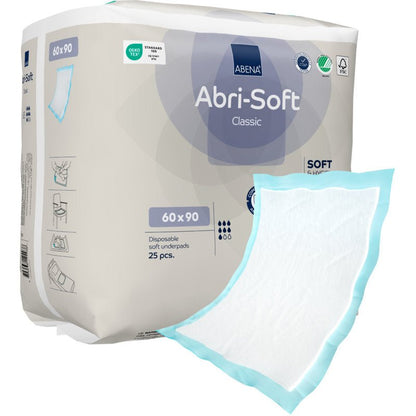 Un paquet de l'Abena Re-Seller GmbH alèse jetable Abri-Soft Classic (60x90 cm, bleu), contient 25 pièces. Sur le devant du paquet, une alèse jetable individuelle avec un bord bleu et un centre blanc est illustrée.