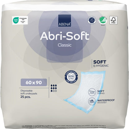 Un paquet de 25 alèses jetables Abena Re-Seller GmbH, Abri-Soft Classic, 60x90 cm, bleu offre douceur, hygiène, support imperméable et absorption supplémentaire.