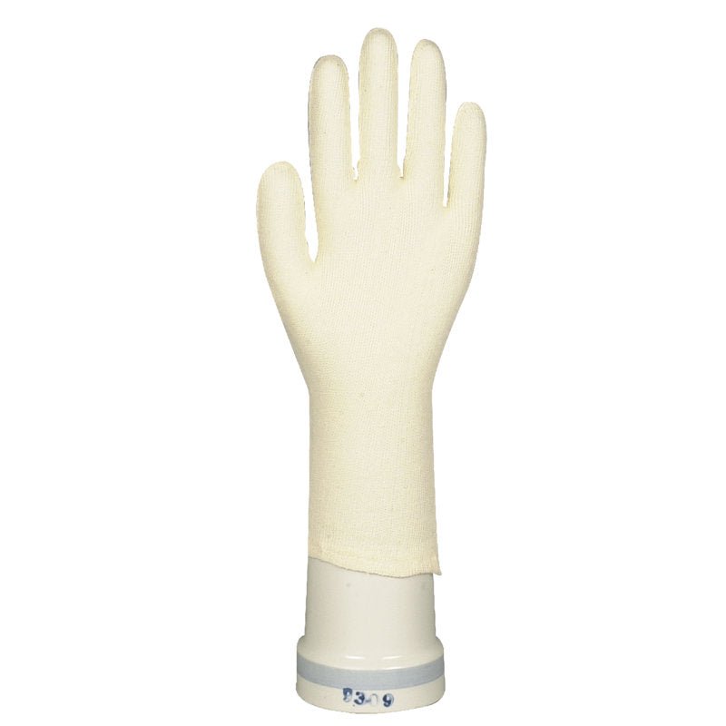 Les gants en coton avec doigts de la société Abena Re-Seller GmbH, représentés debout avec les doigts tendus et le pouce séparé sur un support cylindrique blanc, sont parfaits pour le jardinage et la protection au travail.