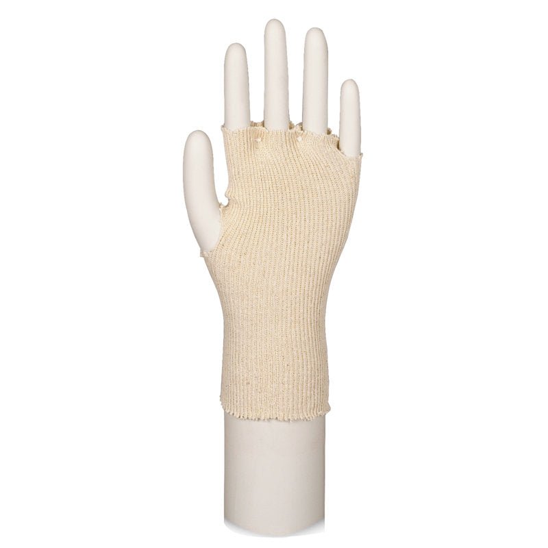 Les gants en coton sans doigts, taille unique | Paquet (24 pièces) de Abena Re-Seller GmbH sont illustrés sur une marionnette blanche et couvrent le poignet et la paume - idéal pour les mains sensibles, tout en laissant les doigts libres.
