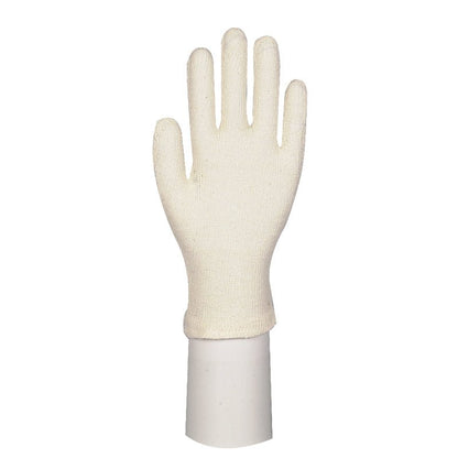 Un gant en coton crème avec doigts de la société Abena Re-Seller GmbH est debout sur un support cylindrique blanc devant un fond simple. Ce gant simple à cinq doigts est idéal pour le jardinage ou la protection au travail.