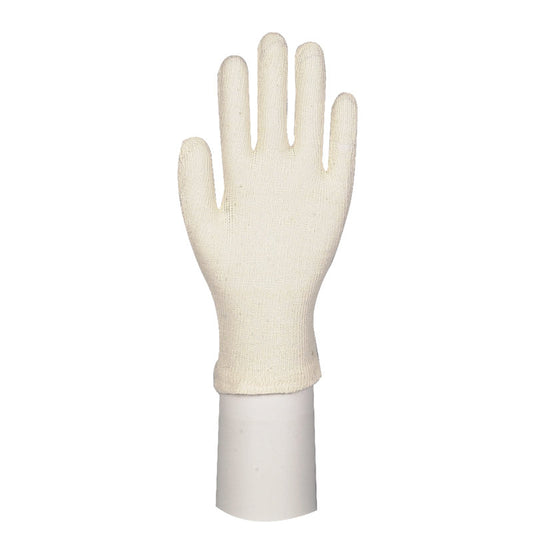 Ein einzelner cremefarbener Baumwollhandschuh mit Finger von Abena Re-Seller GmbH steht aufrecht auf einem zylindrischen weißen Ständer vor einem schlichten Hintergrund. Dieser schlichte Fünffingerhandschuh ist ideal für Gartenarbeit oder Arbeitsschutz.