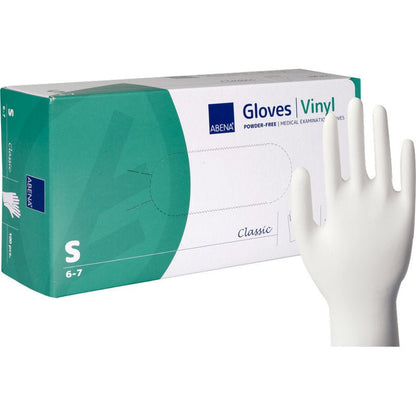 Une boîte de gants en vinyle Abena Re-Seller GmbH Classic, sans poudre et transparents, taille Small, se tient à côté d'un gant blanc debout. La boîte est verte et blanche et montre des informations sur le produit.