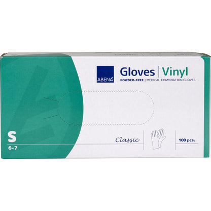 Une boîte de gants en vinyle Abena Re-Seller GmbH Classic, sans poudre et transparents, taille small (6-7), contient 100 gants jetables. L'emballage blanc et vert mentionne des détails sur le produit et montre une image de gant.
