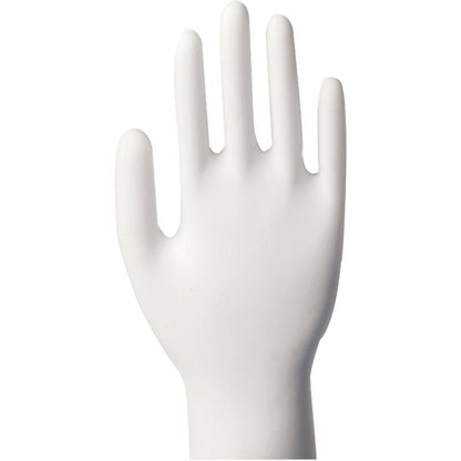 Une main de mannequin blanche, debout avec les doigts légèrement écartés, présentée devant un fond uni, ressemble aux gants en vinyle Classic, sans poudre et transparents d'Abena Re-Seller GmbH.