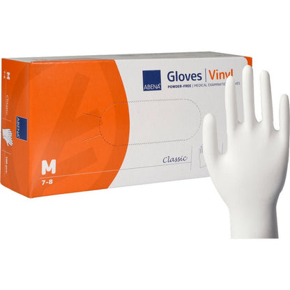 Un paquet de gants en vinyle Abena Re-Seller GmbH Classic, taille M (7-8), sans poudre et transparents, avec l'image d'un gant jetable blanc sur un emballage orange et blanc pour applications médicales.