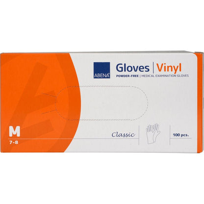 Une boîte rectangulaire de gants en vinyle Abena Re-Seller GmbH Classic, sans poudre, transparents, taille medium (7-8), contient 100 gants jetables. La boîte orange et blanche montre des infos sur le produit et une image de main sur le devant.