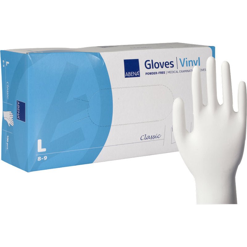 Une boîte de gants en vinyle Abena Re-Seller GmbH Classic, sans poudre et transparents, taille large, avec un seul gant blanc debout ; l'emballage indique une aptitude à des fins médicales ou d'examen.