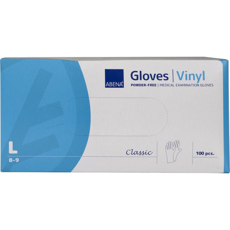 Une boîte rectangulaire de gants en vinyle Abena Re-Seller GmbH Classic, sans poudre, transparents, taille Large (8-9), avec un emballage bleu et blanc et une image de gant, contient 100 gants jetables pour examens médicaux.