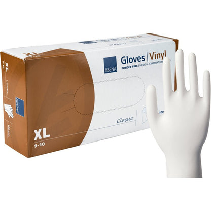 Une boîte de gants en vinyle Abena Re-Seller GmbH Classic, sans poudre, transparents, taille XL 9-10, avec un gant jetable blanc debout à l'avant ; chaque boîte contient 100 gants.