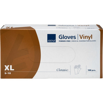 Une boîte de gants en vinyle Abena Re-Seller GmbH Classic, sans poudre, transparents, taille XL (9-10), 100 pièces. La boîte blanche a des accents bruns et bleus et un symbole de main.