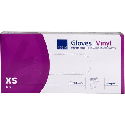 Une boîte de gants en vinyle Abena Re-Seller GmbH Classic, sans poudre et transparents, taille XS (5-6), contient 100 pièces. L'emballage est blanc et violet avec impression et image de gant.