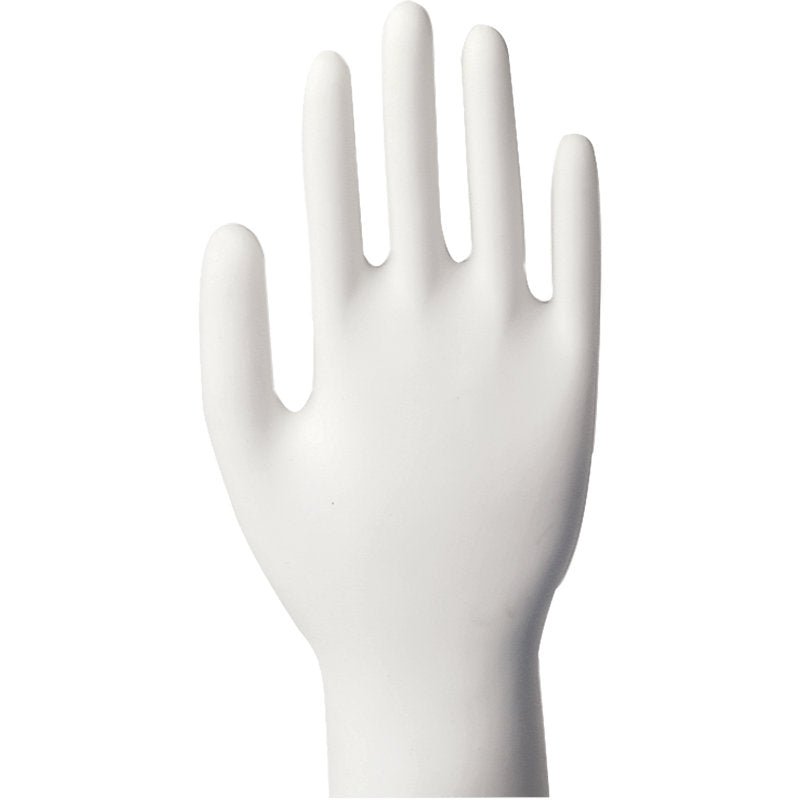 Une main de mannequin transparente avec les doigts légèrement écartés présente les gants en vinyle Classic, sans poudre - les gants jetables idéaux - devant un fond blanc.