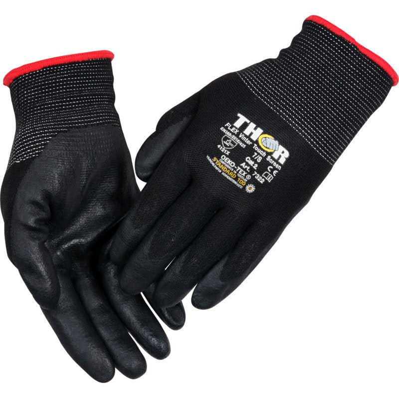 Une paire de gants d'hiver Thor Flex noirs avec une prise texturée, des poignets bordés de rouge et des certificats de sécurité imprimés au dos de Abena Re-Seller GmbH.