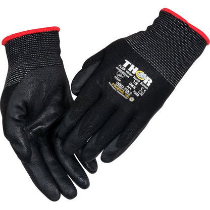 Une paire de gants de travail d'hiver Thor Flex noirs de Abena Re-Seller GmbH avec des poignets bordés de rouge et un marquage avec des indications de taille et de sécurité en blanc et jaune sur le dos d'un gant.
