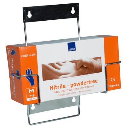 Une boîte de 150 gants d'examen en nitrile sans poudre orange et blanc Abena (taille M, 7-8) est conservée dans un support mural Flexi Rack pour boîtes à gants de la société Abena Re-Seller GmbH.