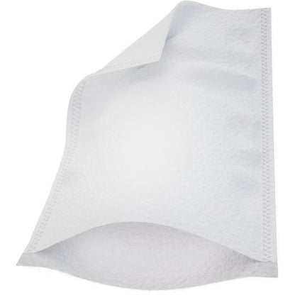 Un seul gant de toilette blanc Abena Re-Seller GmbH (16x23 cm, Molton Ultra Sonic) d'un paquet de 50 pièces est montré avec des bords cousus et une surface texturée ; un coin est soulevé pour révéler l'épaisseur et les couches.