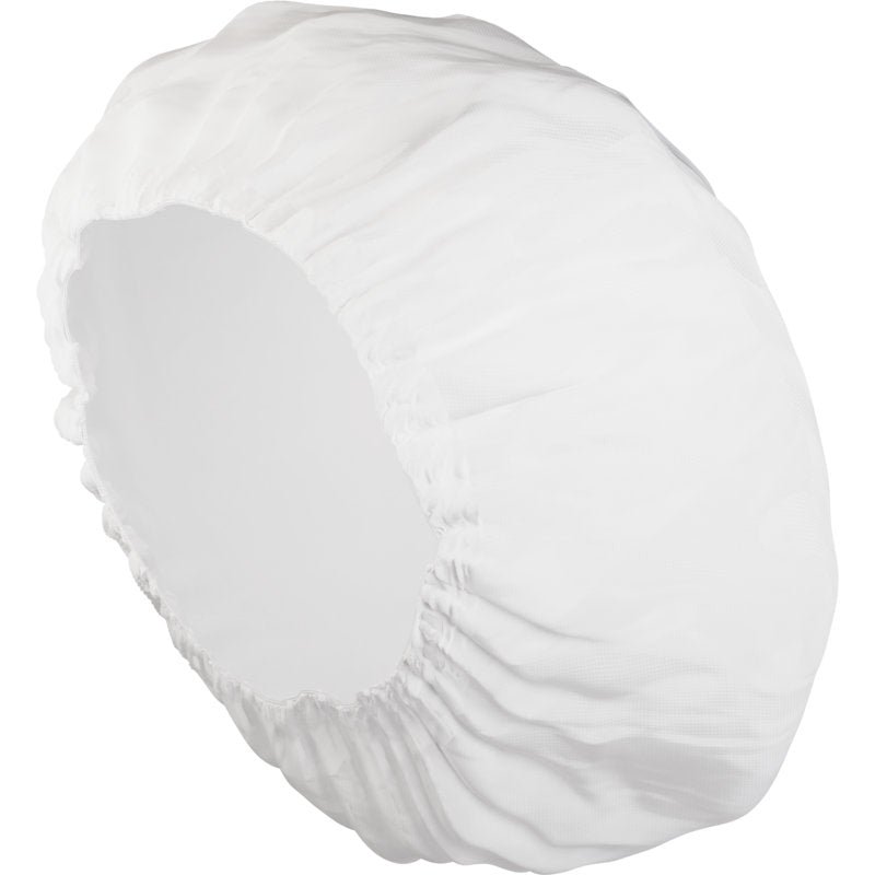 Une coiffe de shampoing blanche de la société Abena Re-Seller GmbH (ø 32 cm) est illustrée devant un fond blanc simple. Cette coiffe légère et imperméable est idéale pour garder les cheveux propres et secs sans eau. Emballage : 1 pièce.