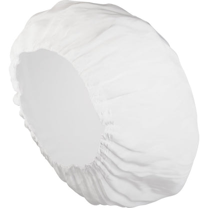 Une coiffe de shampoing blanche de la société Abena Re-Seller GmbH (ø 32 cm) est illustrée devant un fond blanc simple. Cette coiffe légère et imperméable est idéale pour garder les cheveux propres et secs sans eau. Emballage : 1 pièce.
