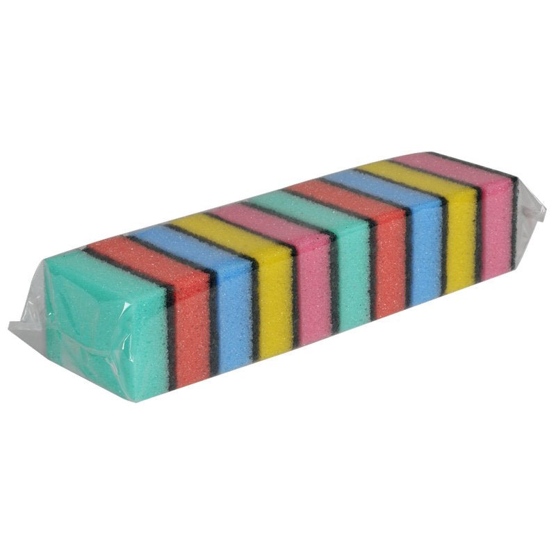 Un paquet de 10 éponges de nettoyage Abena Re-Seller GmbH (3x6x9 cm) de différentes couleurs, soigneusement empilées et emballées dans du plastique - idéal pour tous vos besoins de nettoyage domestique.