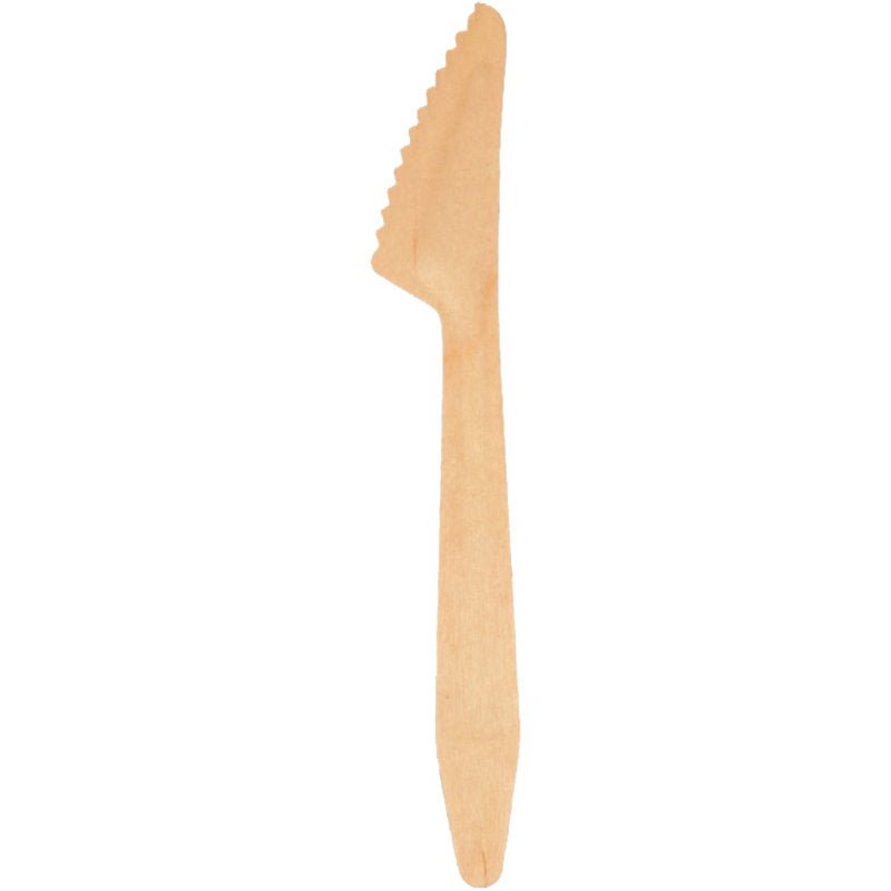 Un couteau unique Abena Re-Seller GmbH, 16,5 cm, en bois d'un paquet de 100 est représenté sur un fond blanc. Le couteau a un design simple et plat avec des extrémités arrondies et est idéal pour tout ensemble de couteaux.