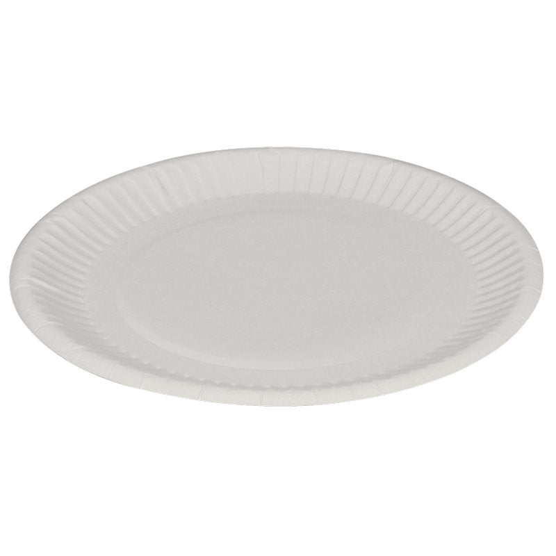 L'assiette en carton ronde, blanche de Abena Re-Seller GmbH est une assiette jetable ronde et blanche avec un bord cannelé - écologique et parfaite pour des événements respectueux de l'environnement.