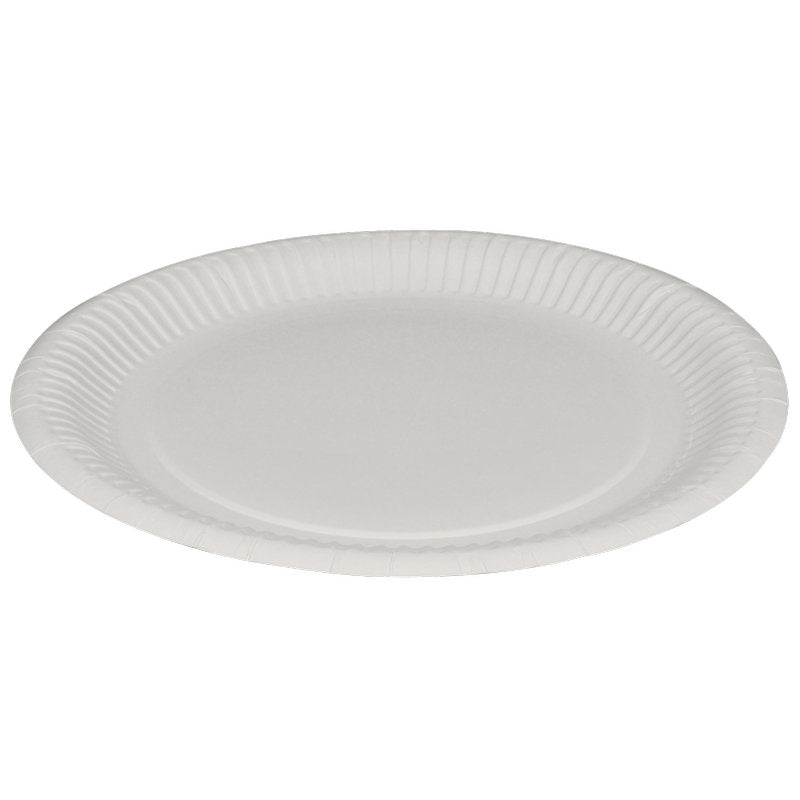 L'assiette en carton ronde, blanche de Abena Re-Seller GmbH est une simple assiette ronde et blanche avec un bord texturé - parfaite comme assiette jetable écologique pour toutes les occasions.