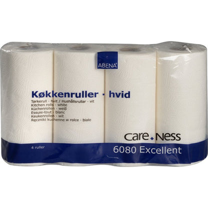 Un paquet de 4 rouleaux de cuisine blancs, 2 couches (22,5 cm x 17,85 m) d'Abena Re-Seller GmbH, emballé dans un plastique transparent avec texte multilingue - idéal pour une utilisation en cuisine.