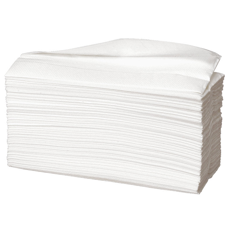 Un paquet de 153 serviettes en papier Abena Re-Seller GmbH, 2 plis, blanc, 23x31 cm chacune, est proprement empilé devant un fond uni.