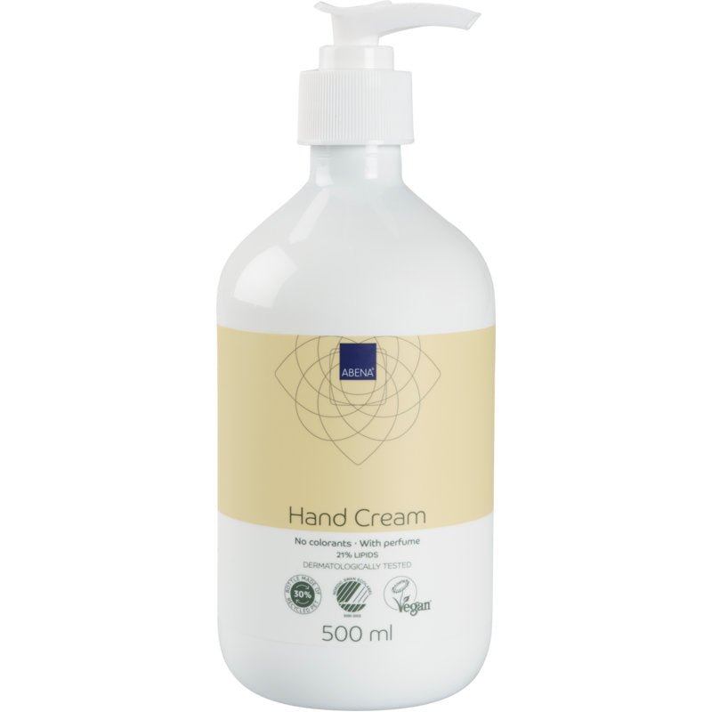 Une bouteille pompe blanche de 500 ml avec l'inscription "Crème pour les mains, 21% de matières grasses, légèrement parfumée" de Abena Re-Seller GmbH; étiquette beige-dorée; vegan, testé dermatologiquement, parfumé et sans colorants.