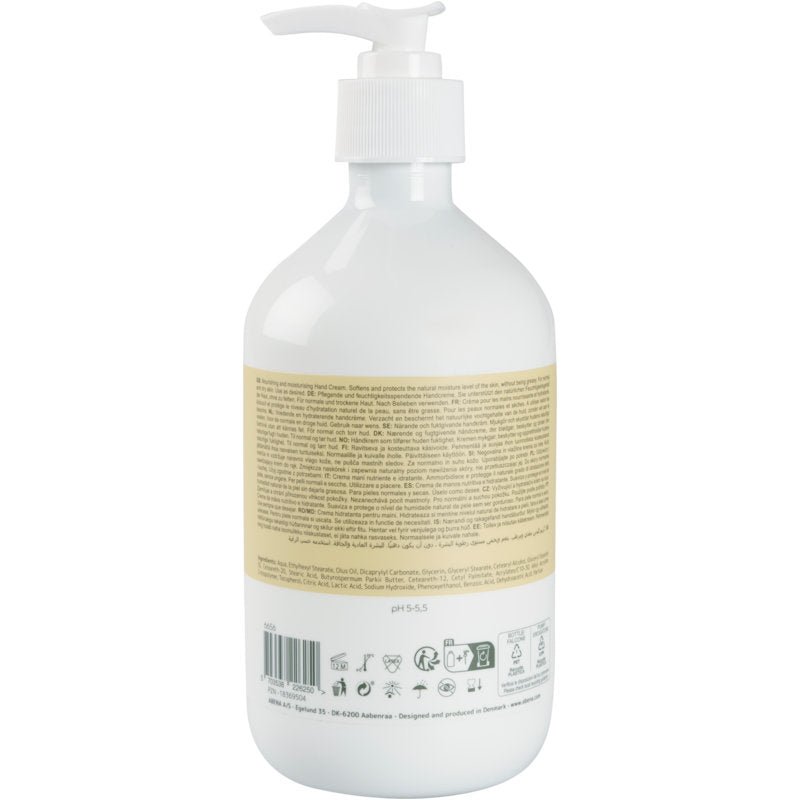 Bouteille pompe en plastique blanc avec une étiquette beige à l'arrière avec des informations sur le produit, les ingrédients et les symboles de recyclage pour la crème pour les mains Abena Re-Seller GmbH, 21% de matières grasses, légèrement parfumée.